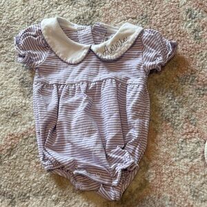“Annie” Embroidered Collar Lavender Striped Baby Romper size 3m